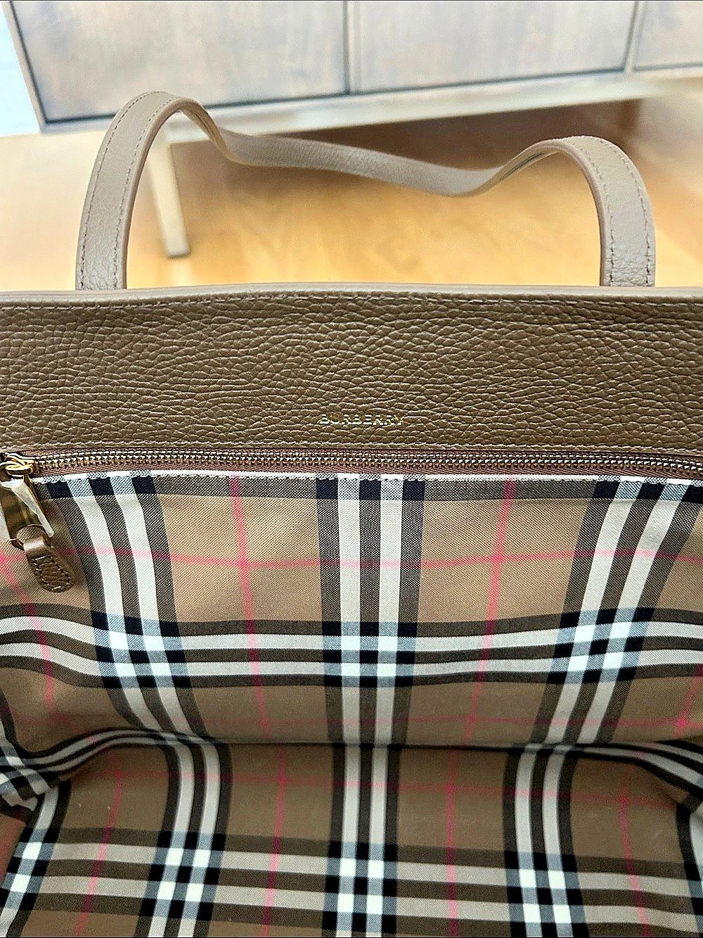 Burberry Plaid Lined Leather Tote in Brown - Picture 2 of 3